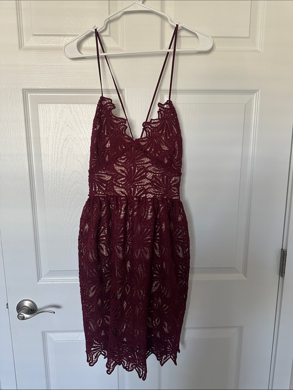 J.O.A. Burgundy Lace Midi Dress with Spaghetti Straps